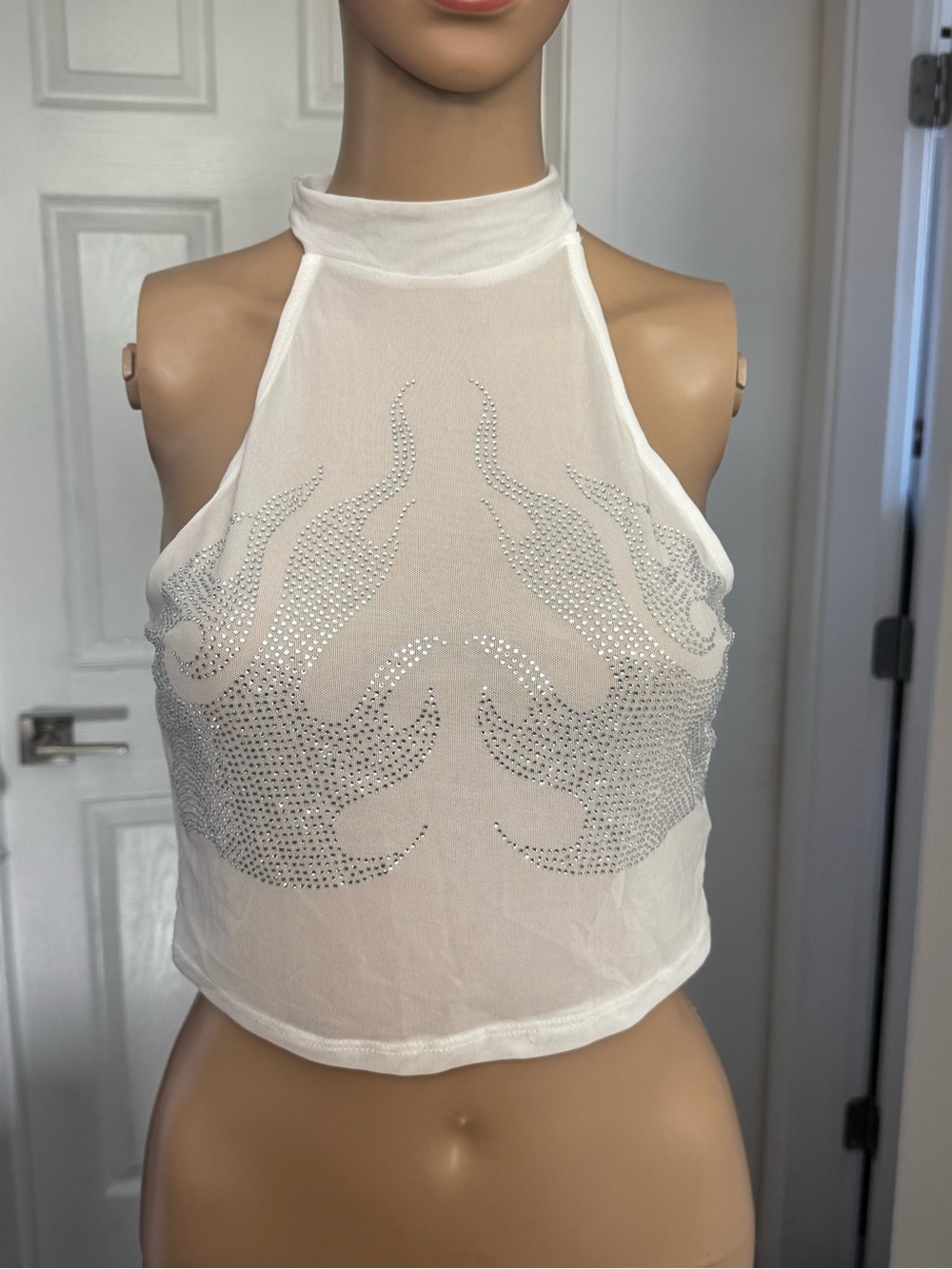 White Rhinestone Halter Crop Top Sheer size Medium Shine Sparkle